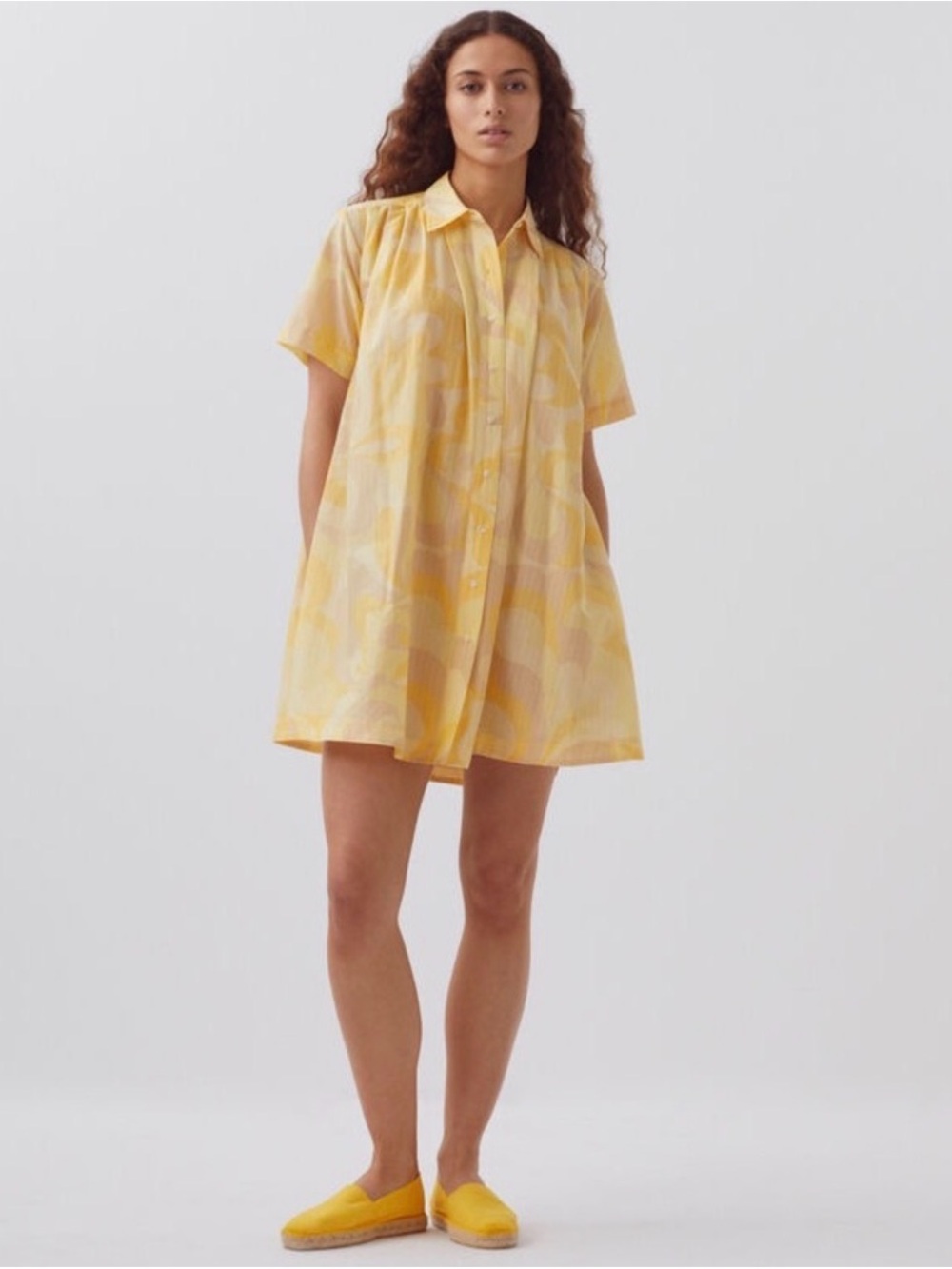 1. State Cotton Yellow Abstract Short-Sleeve Mini Shirt Dress